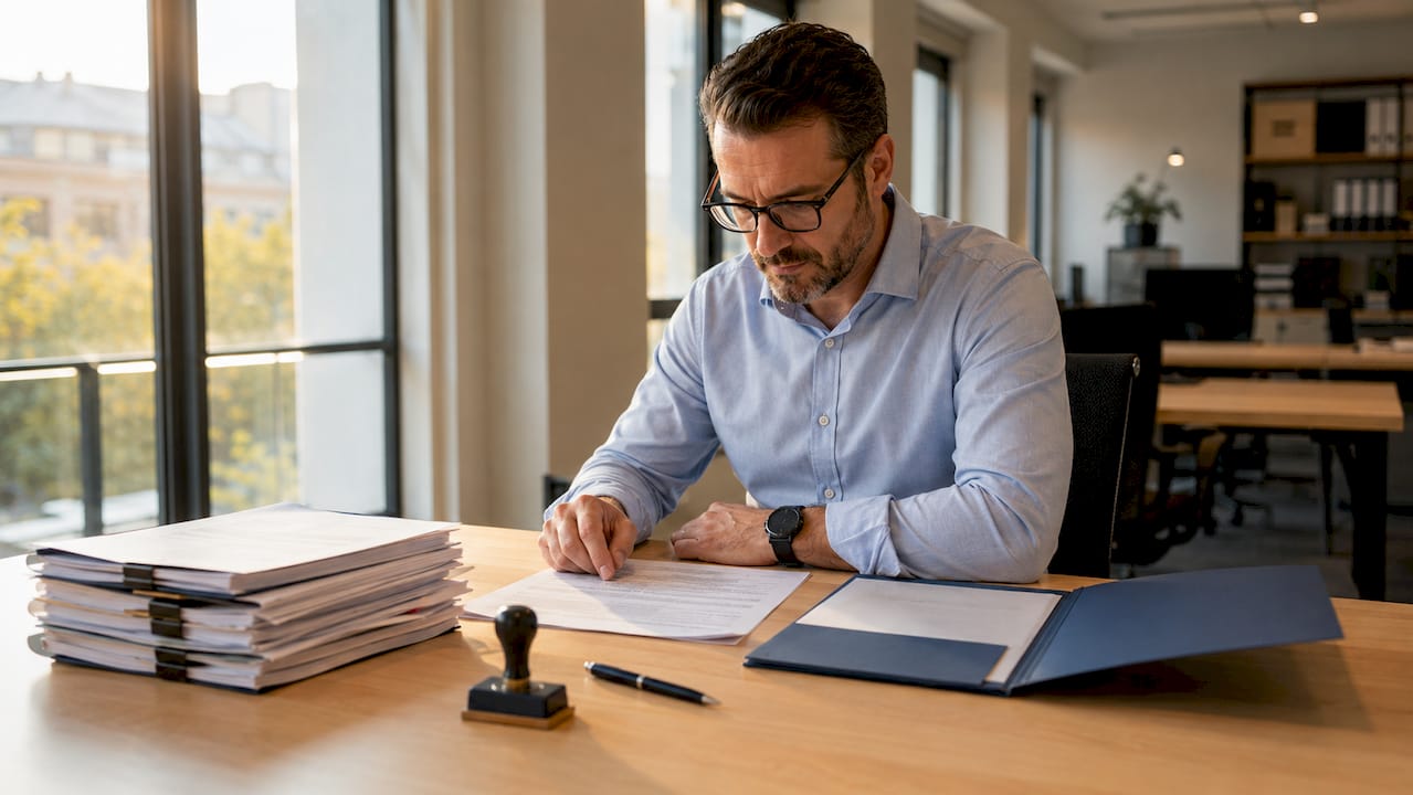 Compliance officer reviewing enforcement documents on tablet