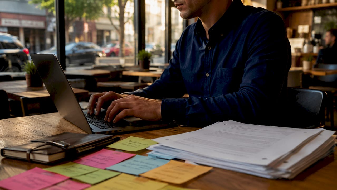 Hands typing STR compliance data on laptop in coworking space