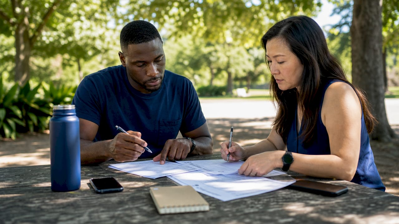 Two hosts reviewing compliance documents in café