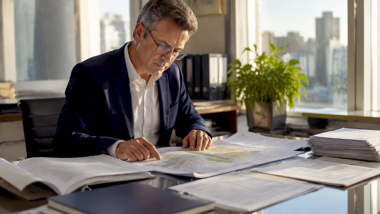 City planner reviewing zoning permit documents at office desk