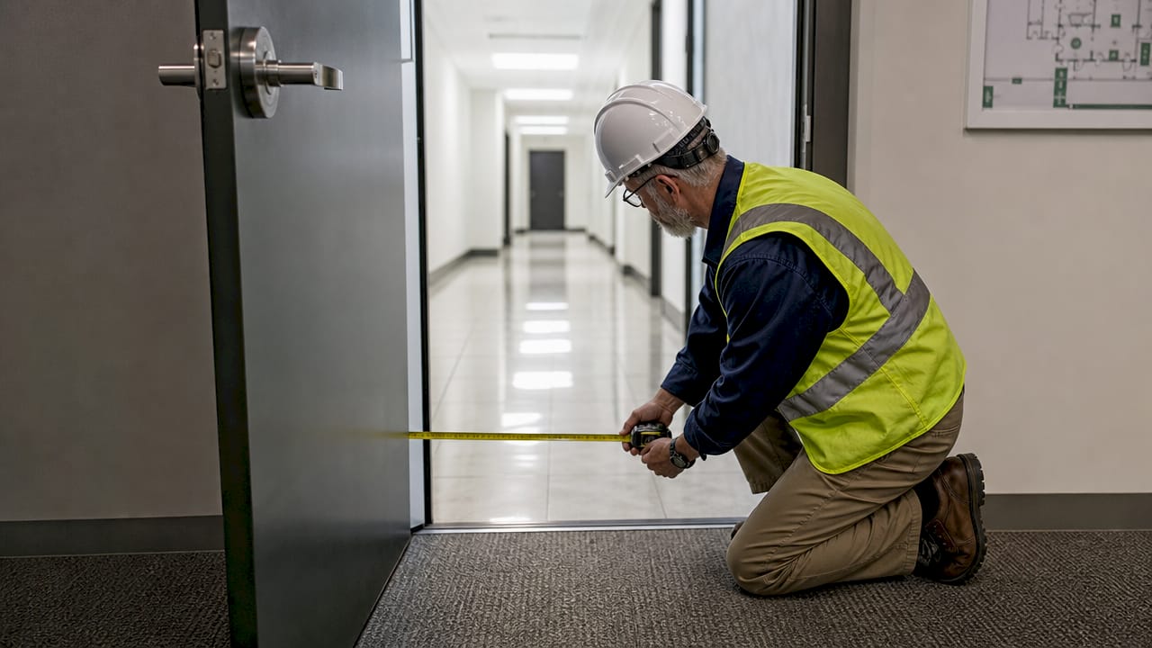 Building inspector measuring exit capacity