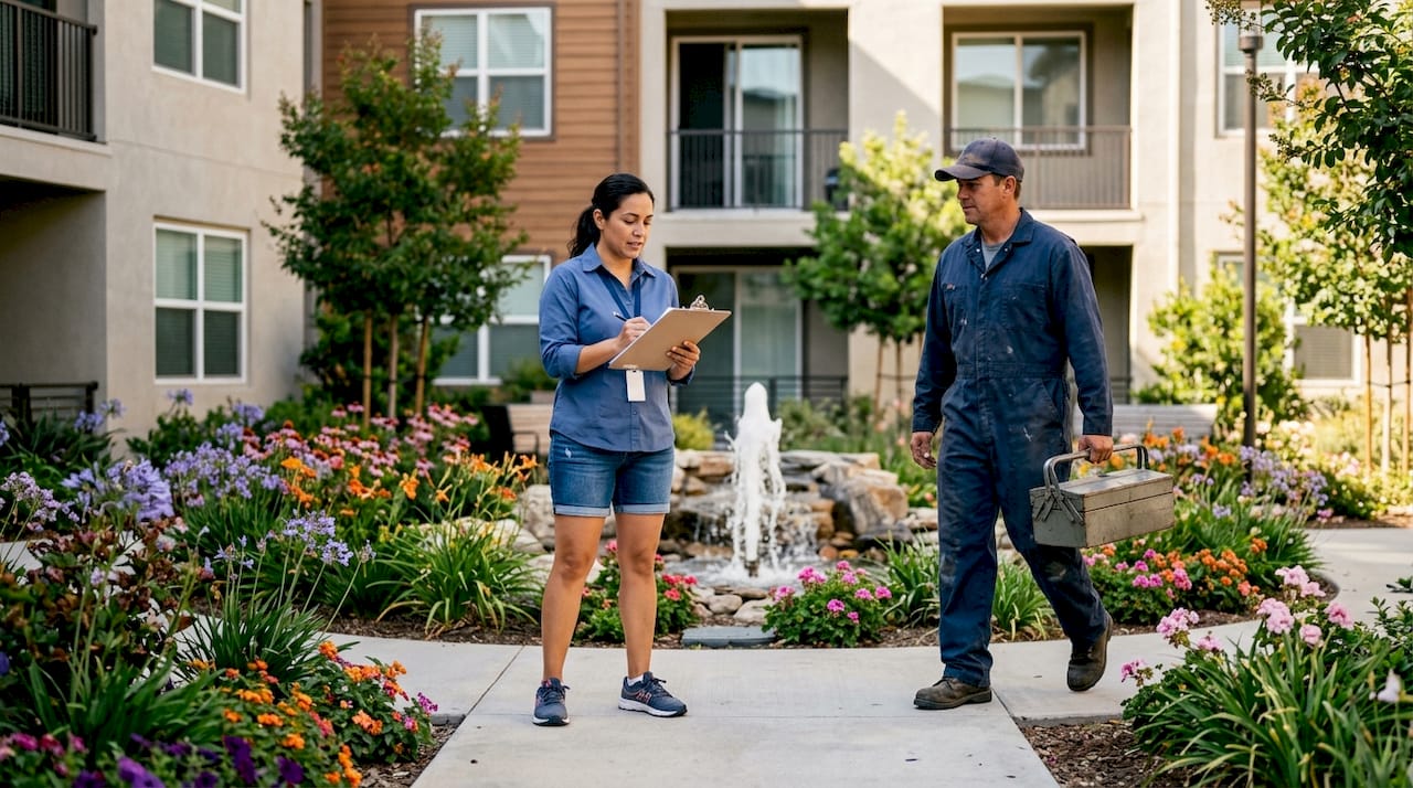 Property manager conducting apartment inspection with contractor