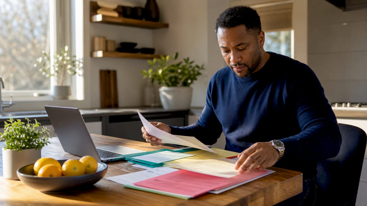 Investor organizing licensing documents at desk