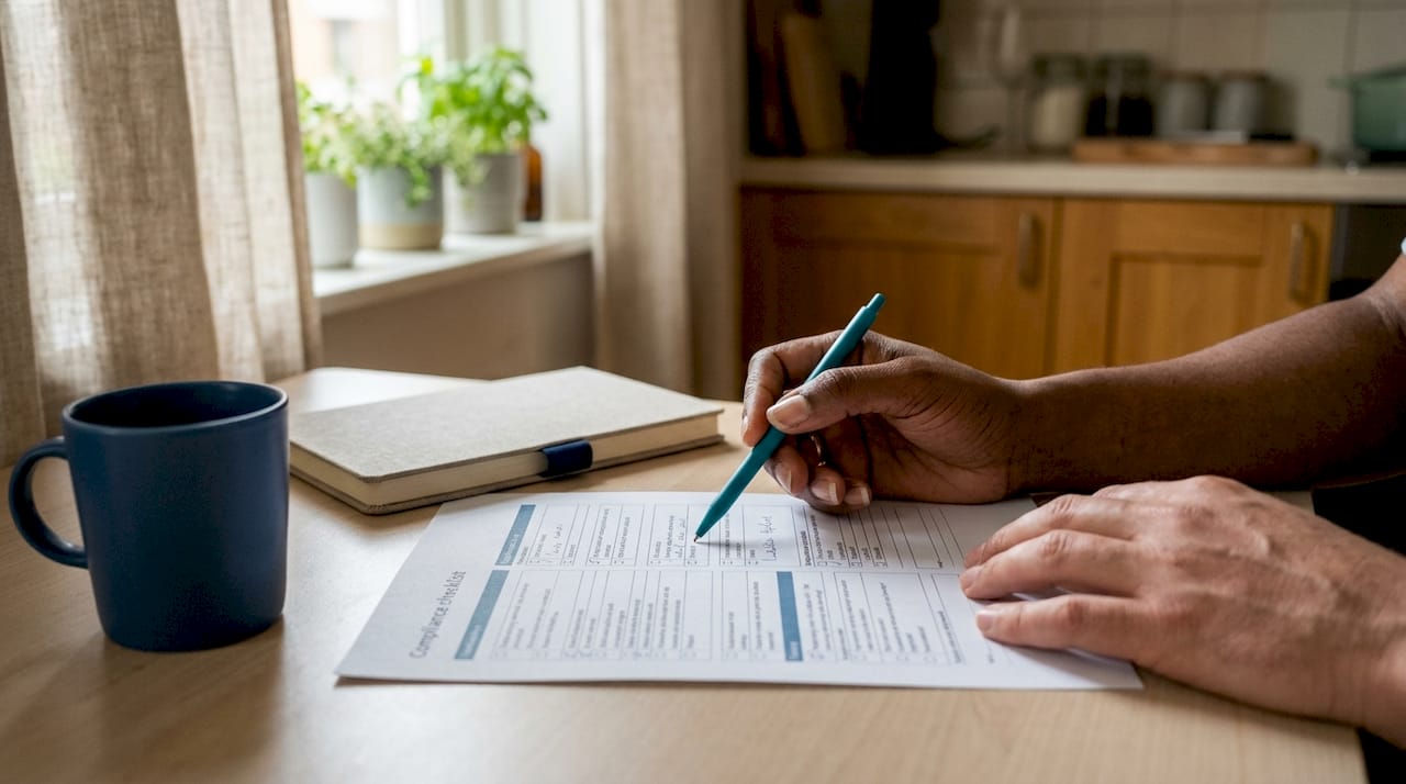 Hands reviewing compliance checklist documents