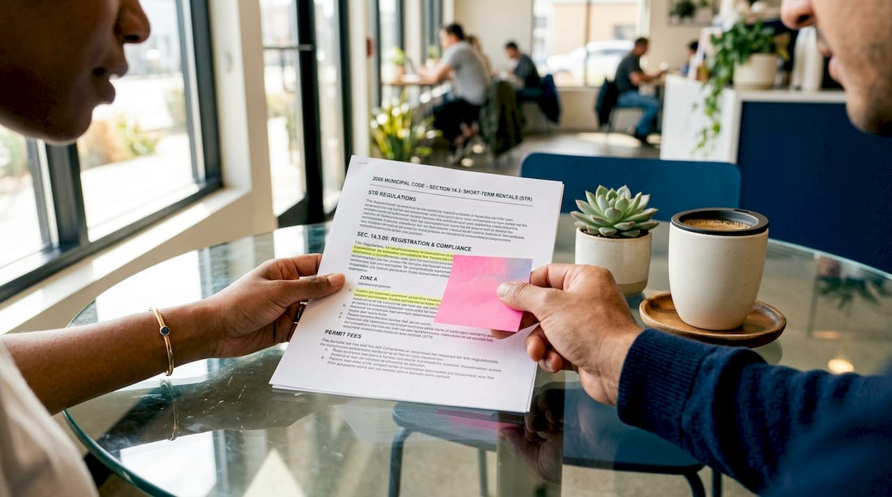 Hands reading municipal rental code document