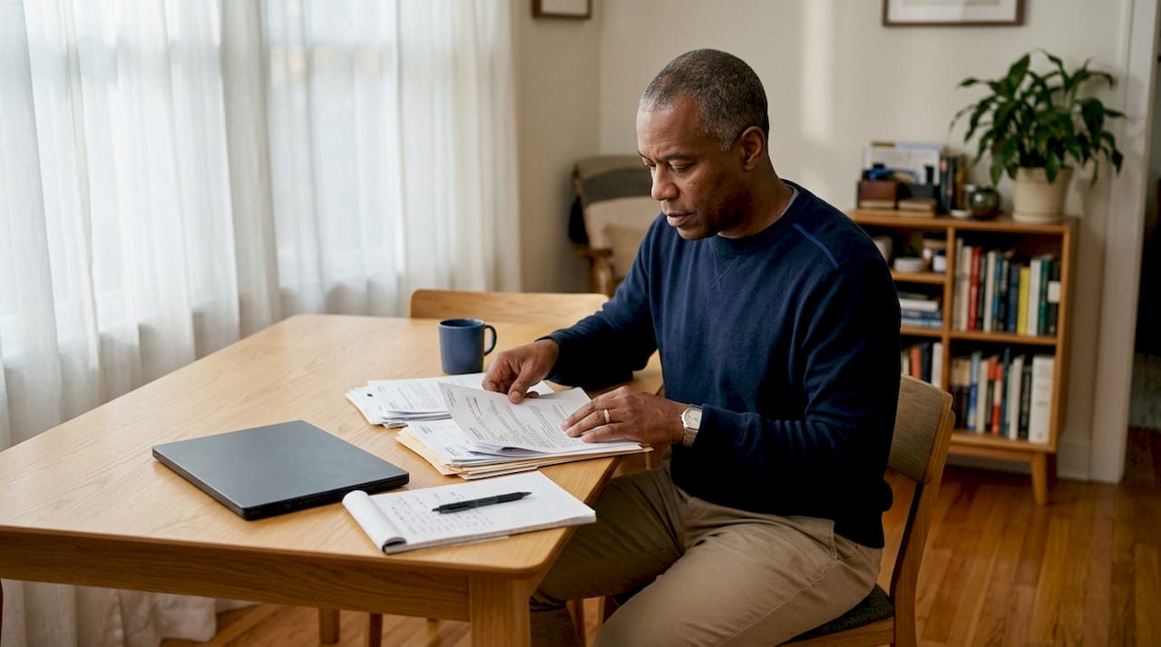 Hands sorting rental compliance documents on desk
