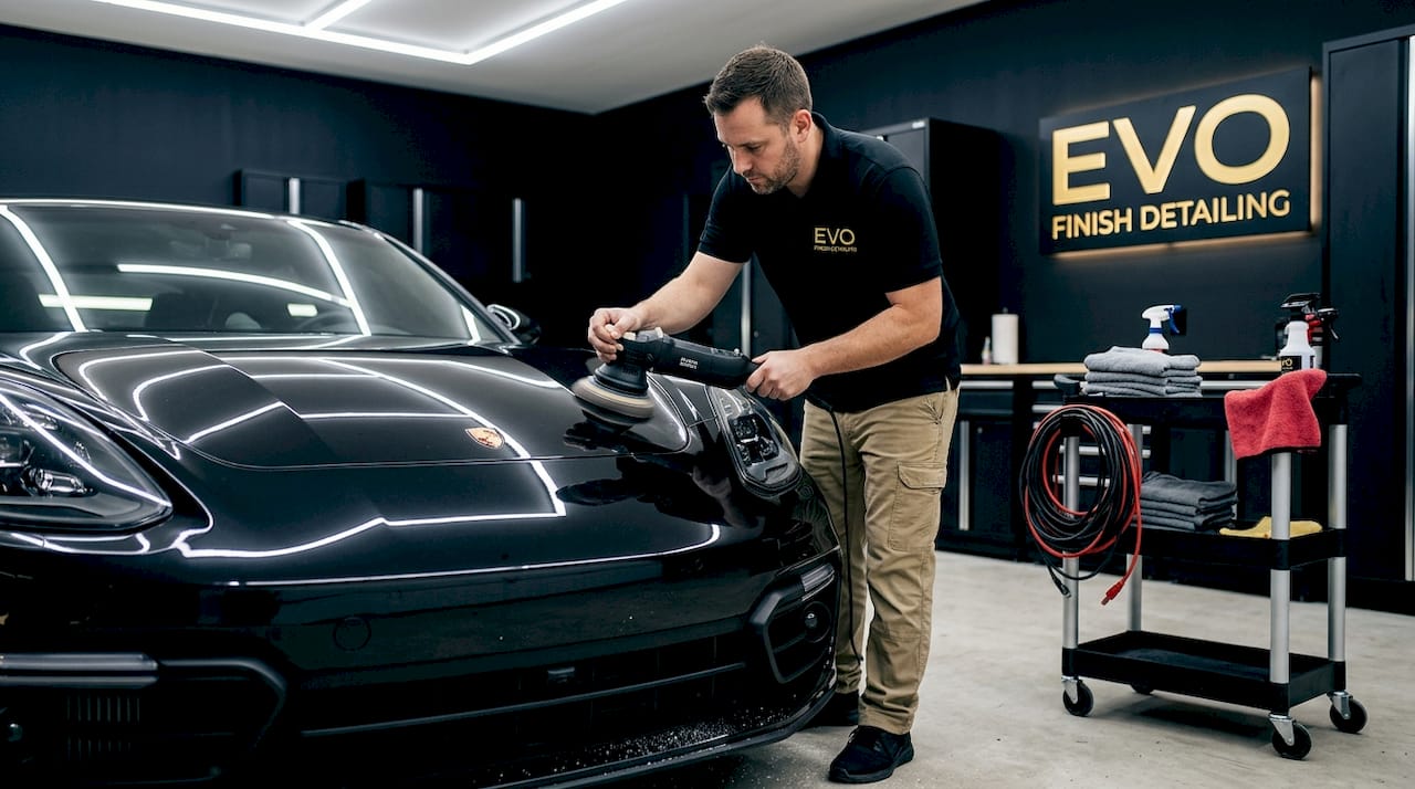 Detailer polishing luxury car in garage