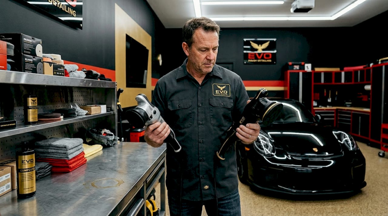 Person comparing dual-action polishers in garage