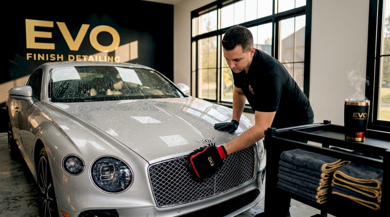 Detailer hand-washing a luxury coupe in garage