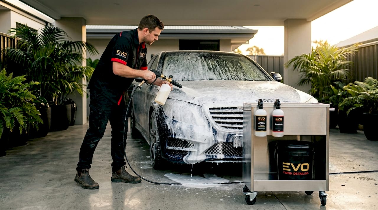 Technician applying foam to luxury car during wash