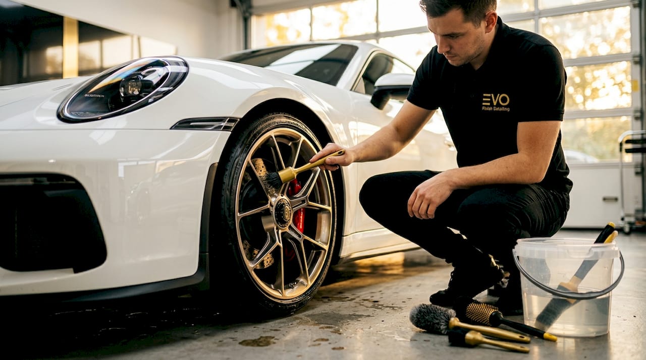 Technician cleaning sports car wheel and brake
