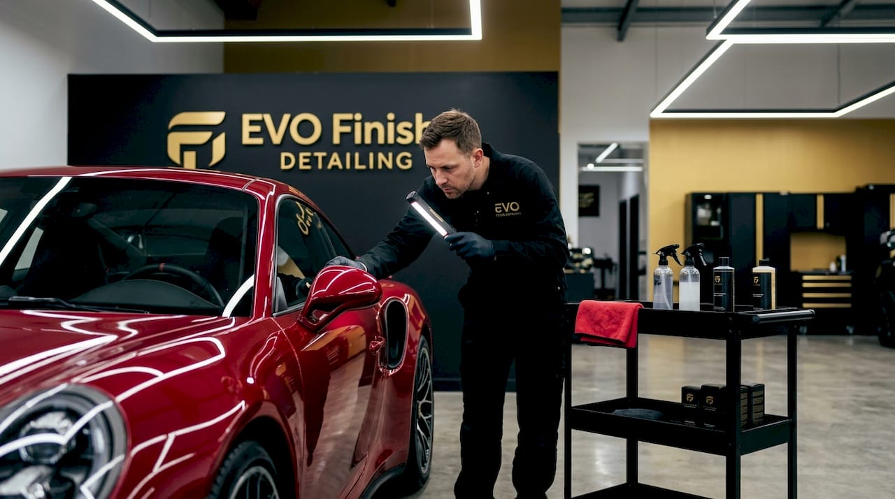 Detailer inspecting sports car finish in studio