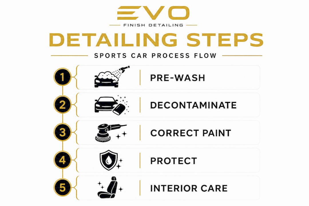 Sports car detailing five-step vertical infographic
