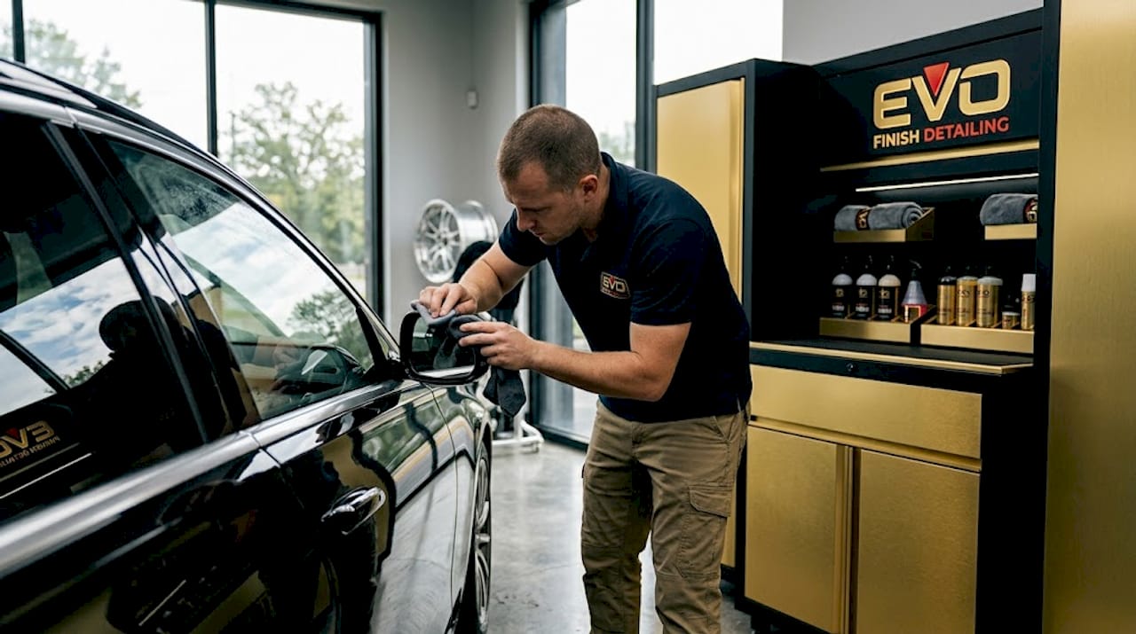 Detailer carefully polishing luxury car in garage