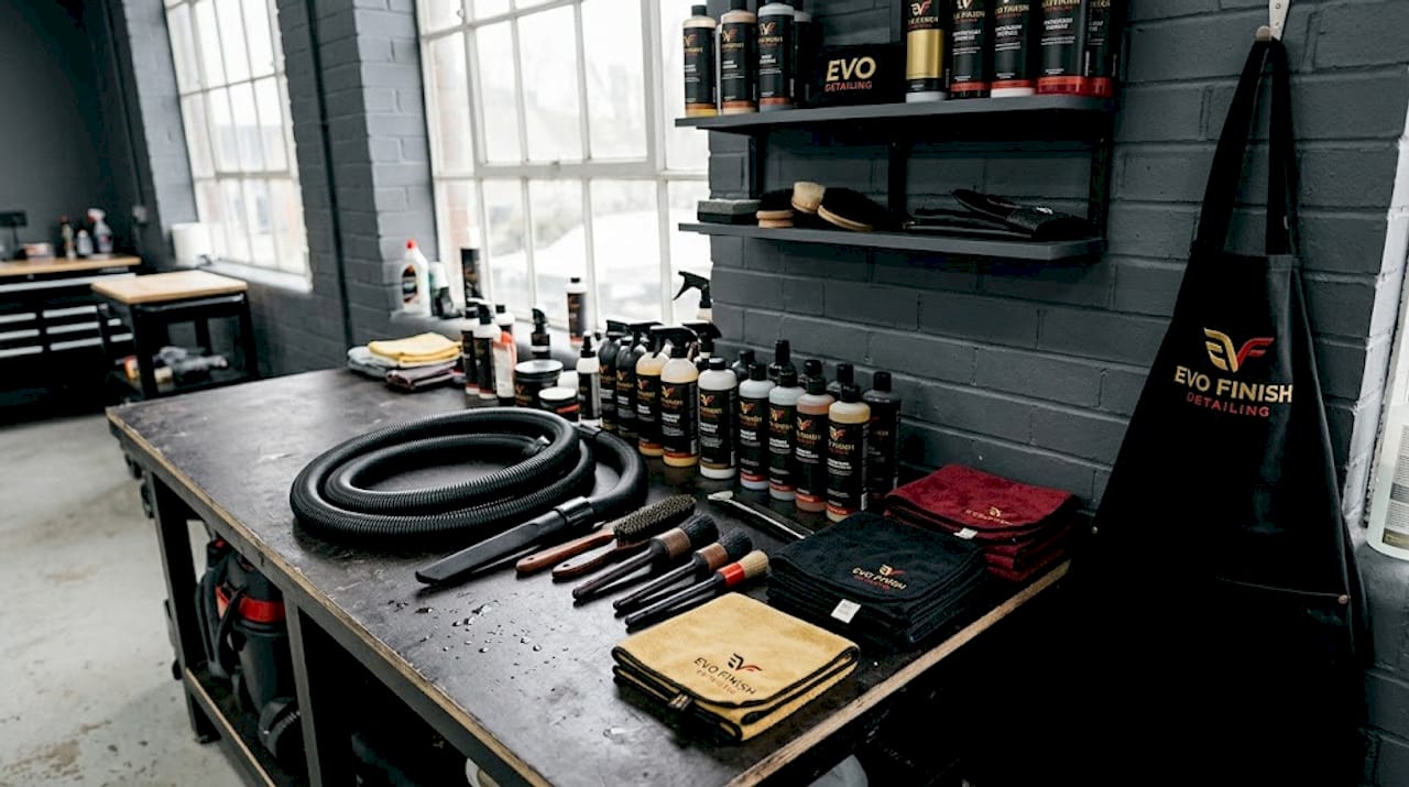 Workbench with car interior cleaning tools