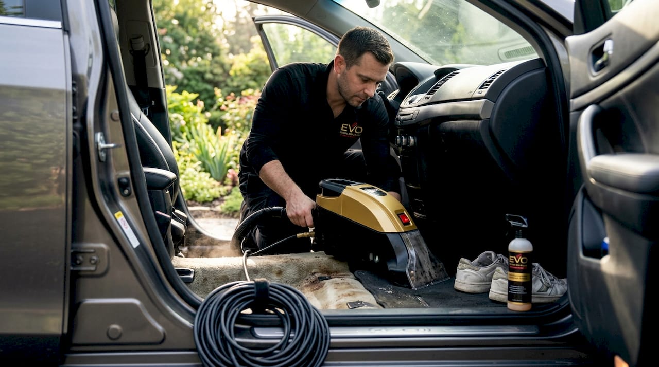 Detailer using carpet extractor in car interior