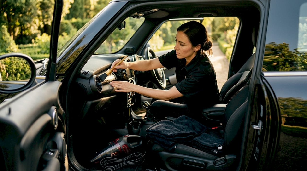 Woman detailing car interior with brush
