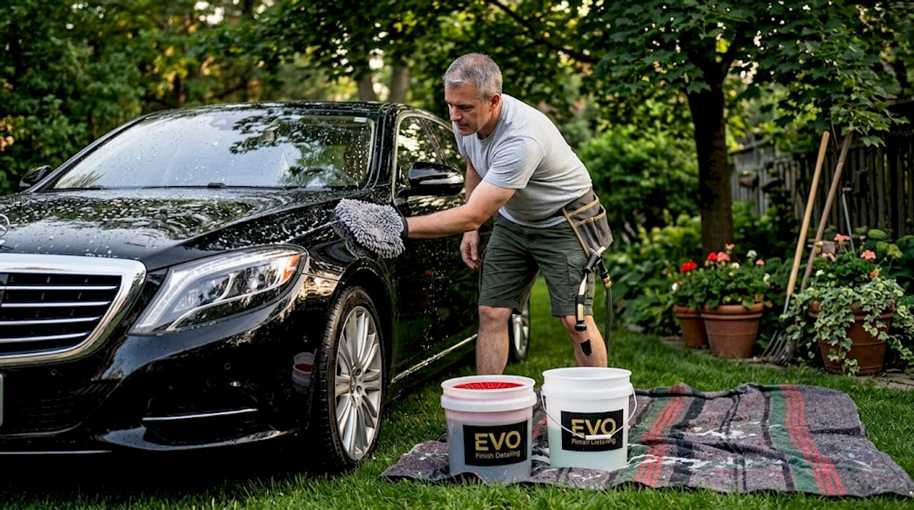 Enthusiast hand washing luxury sedan driveway