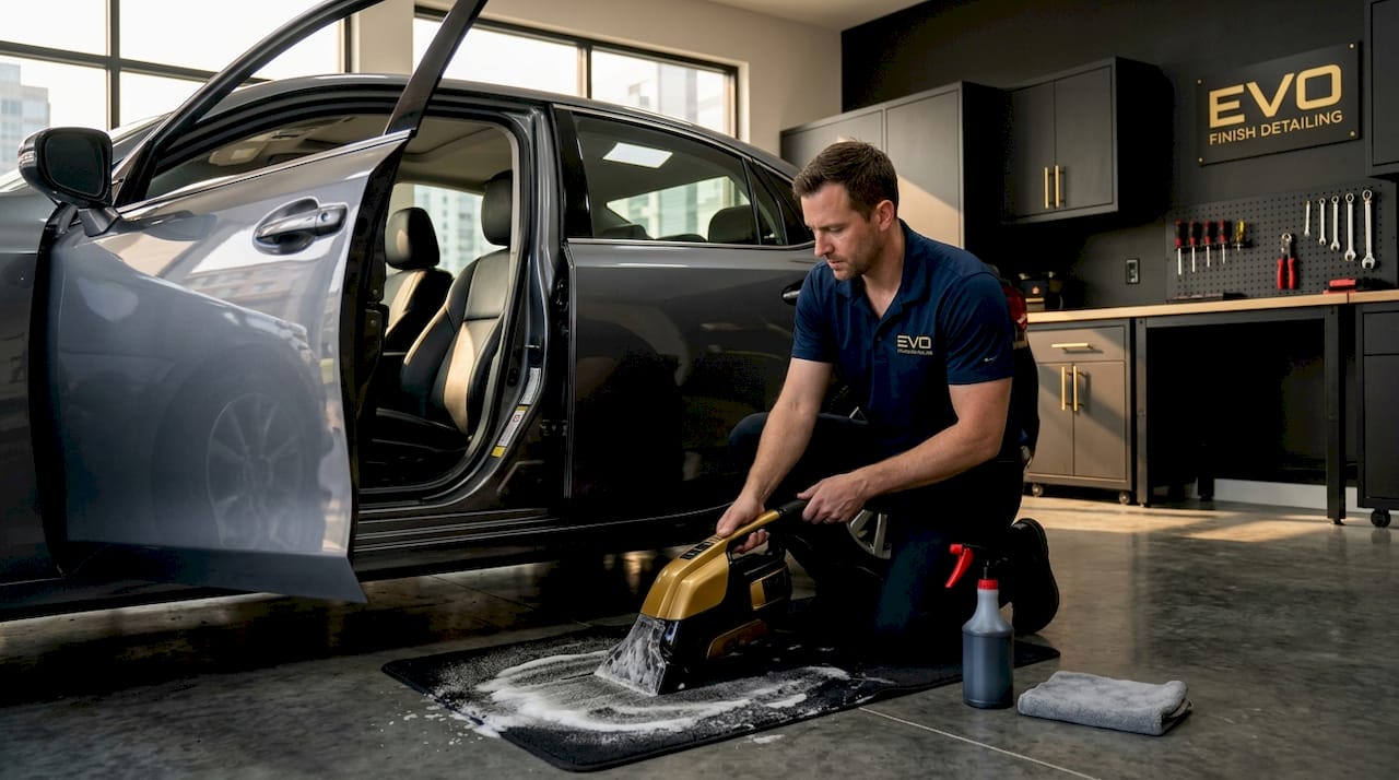 Car detailer shampooing vehicle carpet