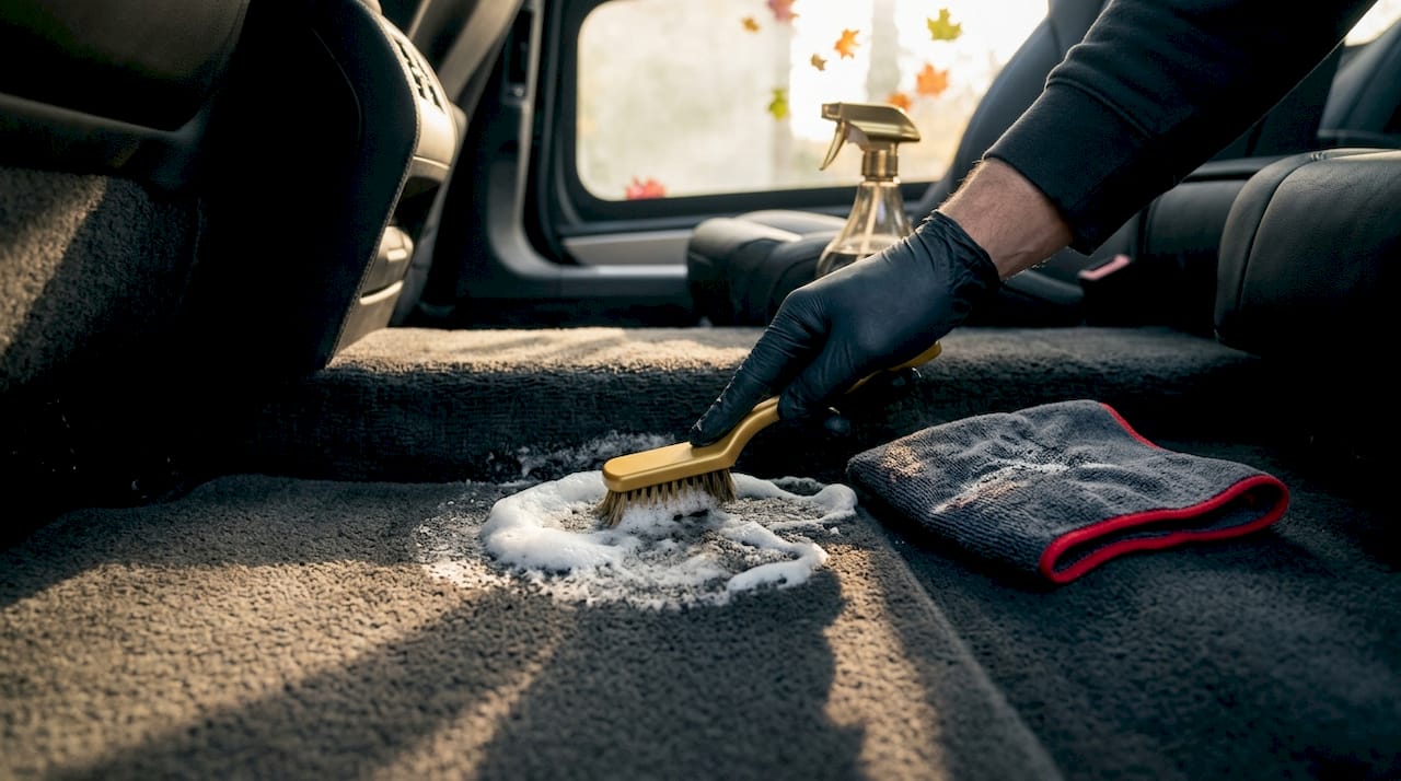 Foam shampoo applied to car carpet