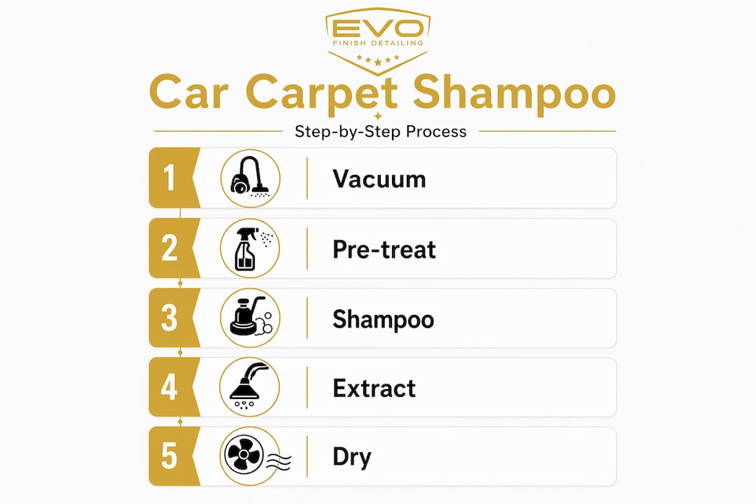 Infographic outlining car carpet shampoo process