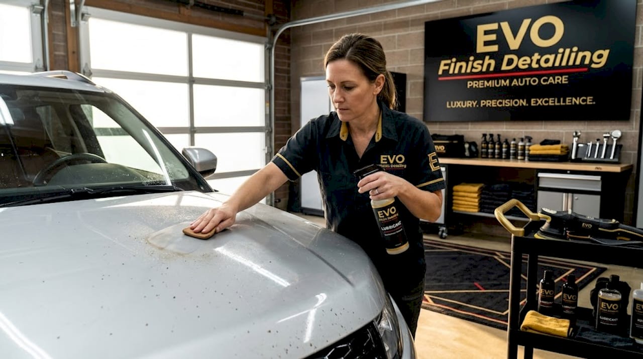 Woman using clay bar on car hood