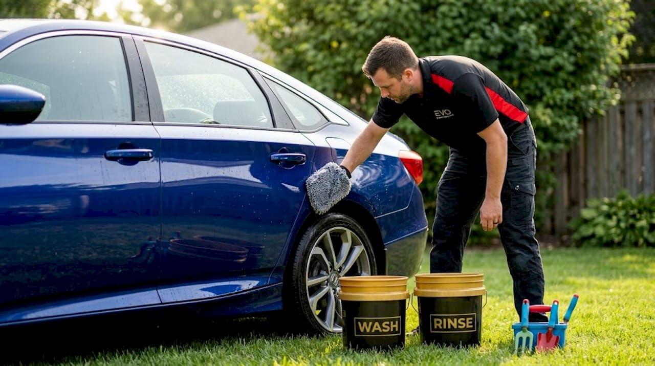 Car detailer washing sedan using two buckets