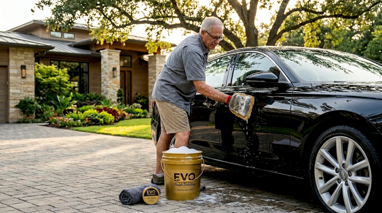 Retiree hand-washing car in driveway