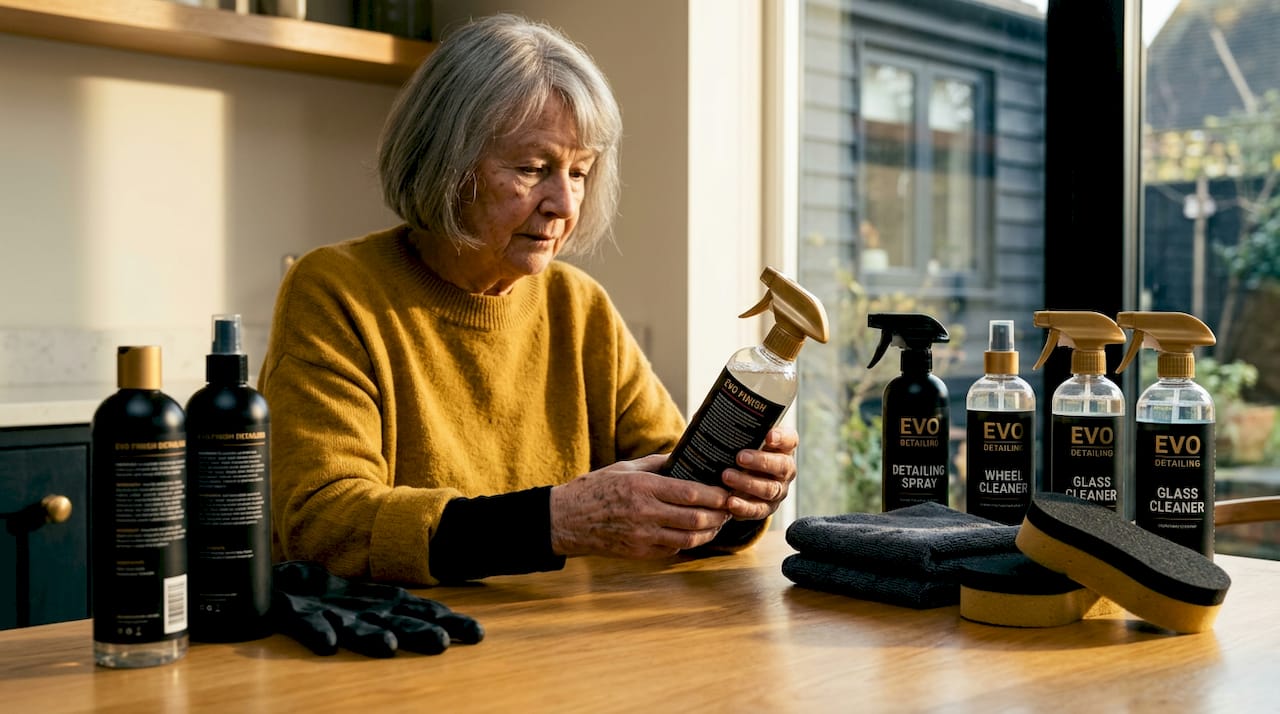 Older woman selecting safe car cleaning products