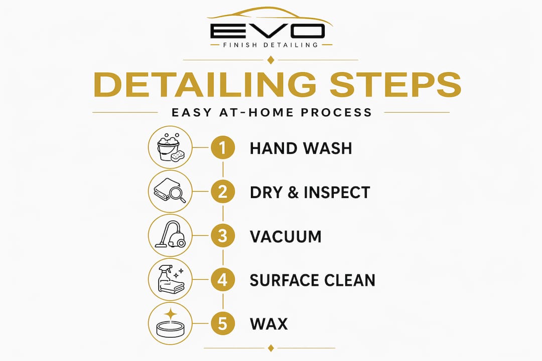 Infographic showing steps for at-home auto detailing