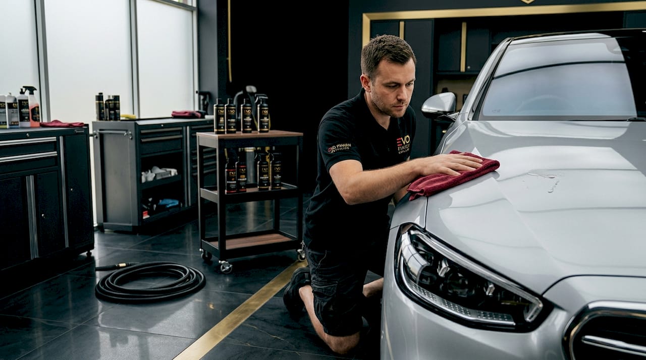Professional detailer cleaning sedan in garage