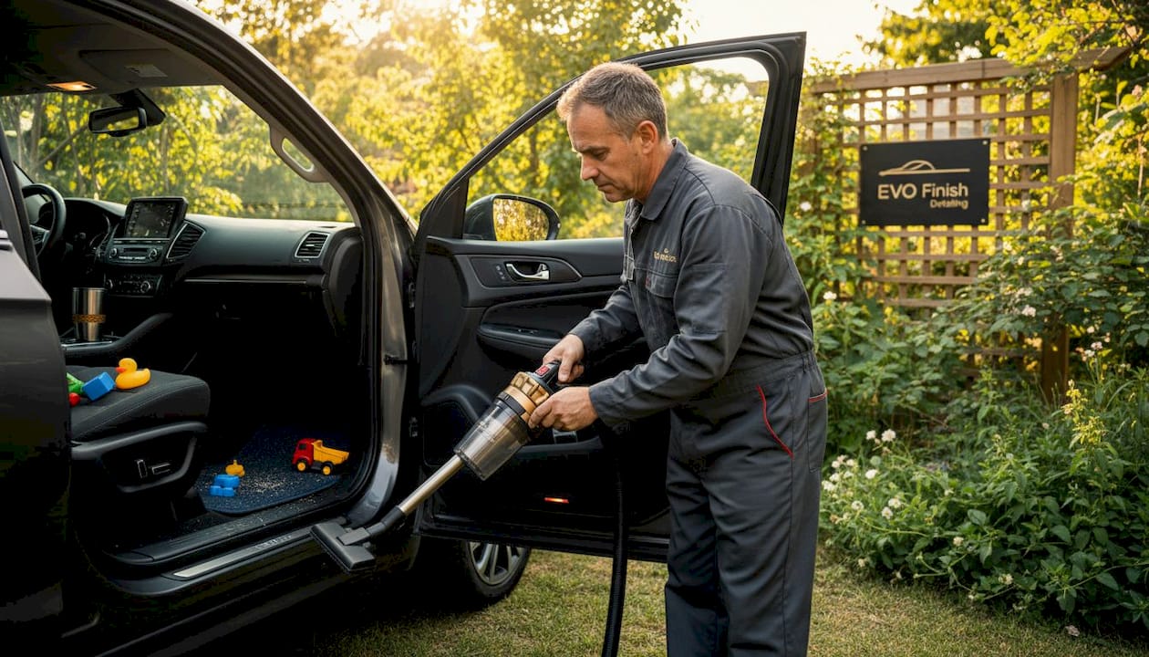 Technician vacuuming car interior with lived-in feel