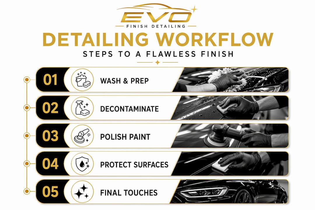 Infographic car detailing workflow steps