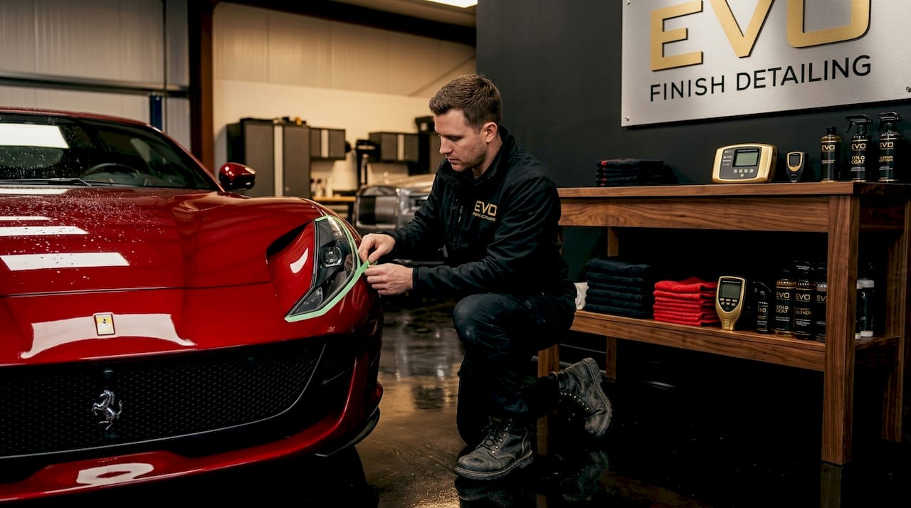 Detailer prepping Ferrari in premium garage