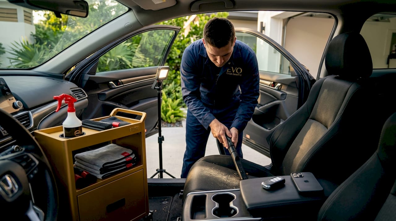Professional car detailer cleaning car interior