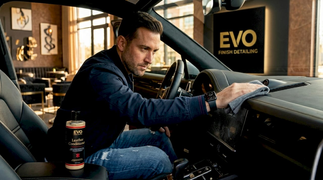 Car owner applying protectant to dashboard