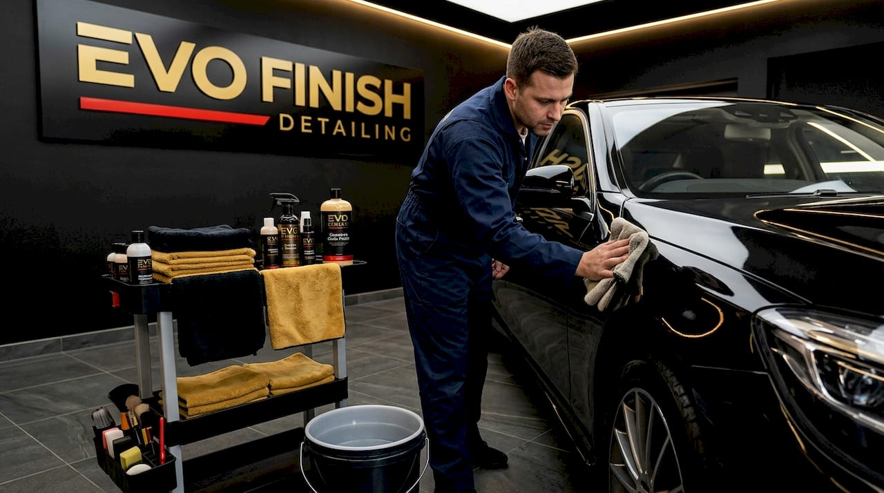 Detailer working on luxury sedan in studio