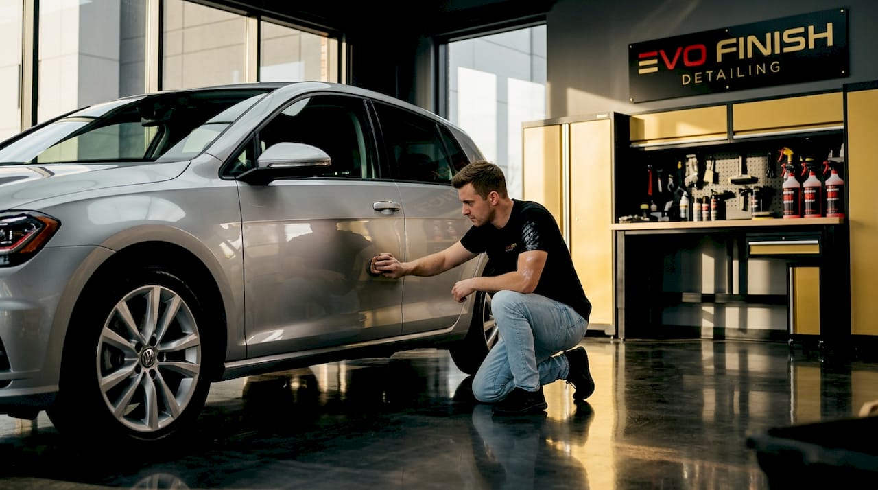 Detailer applying clay bar to car in driveway
