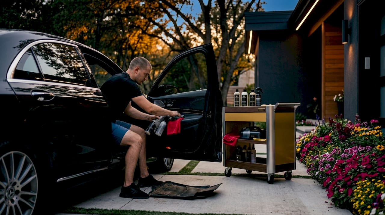 Car detailer organizing cleaning supplies
