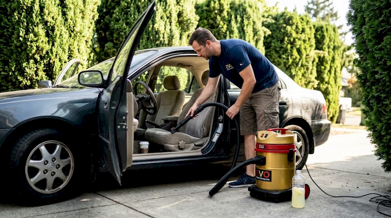 Detail vacuuming car upholstery on sunny driveway