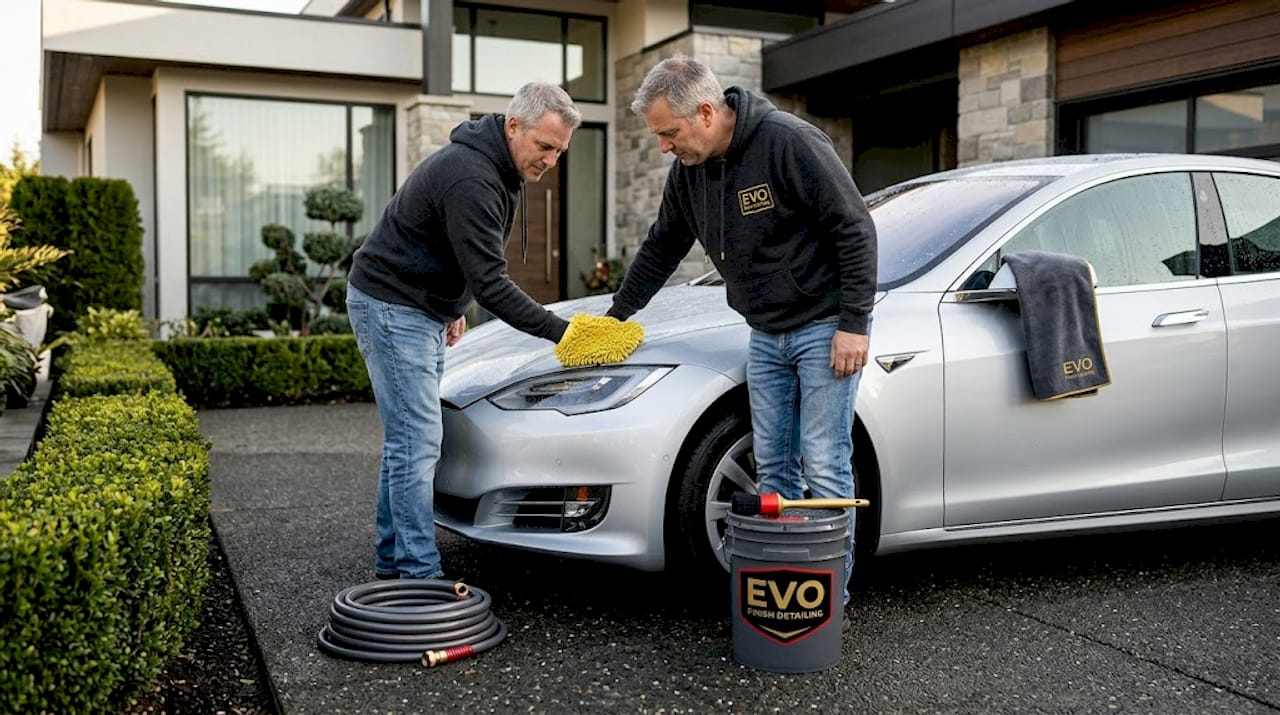 Man hand washing car on driveway with mitt