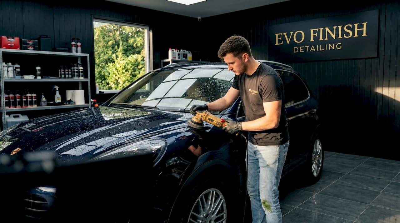 Technician polishing car in driveway scene
