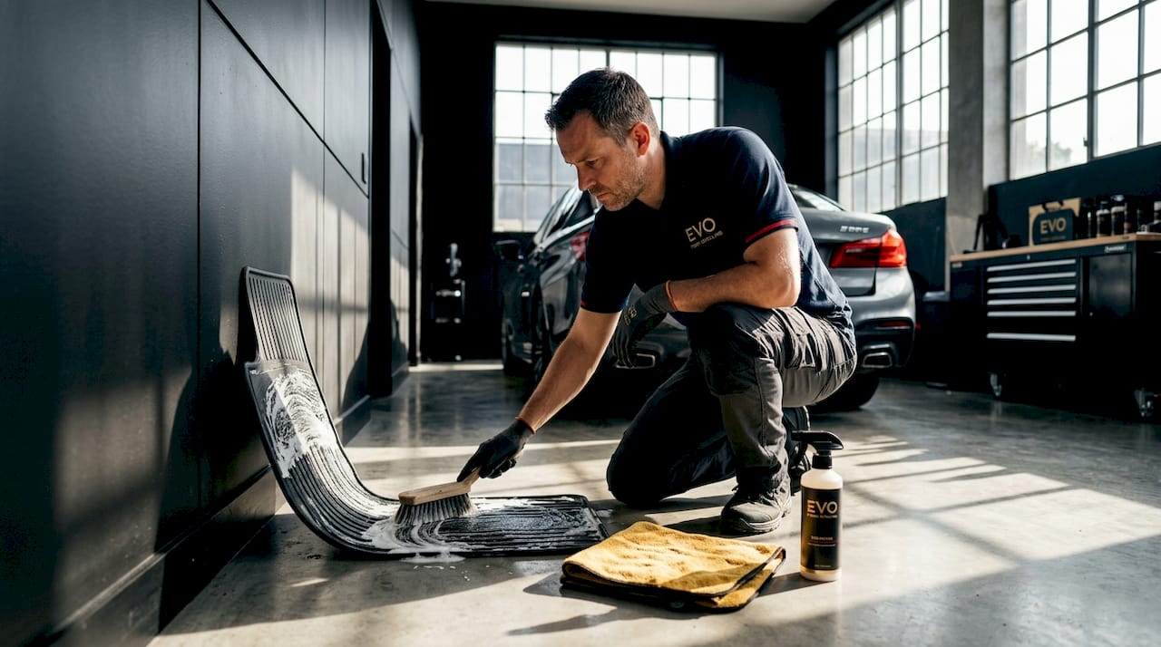Man scrubbing car floor mat outside sedan