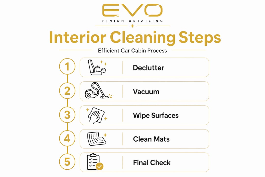 Infographic showing car interior cleaning step flow