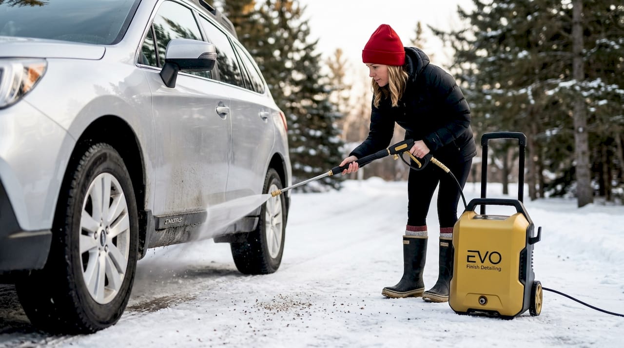Woman cleaning car undercarriage with washer