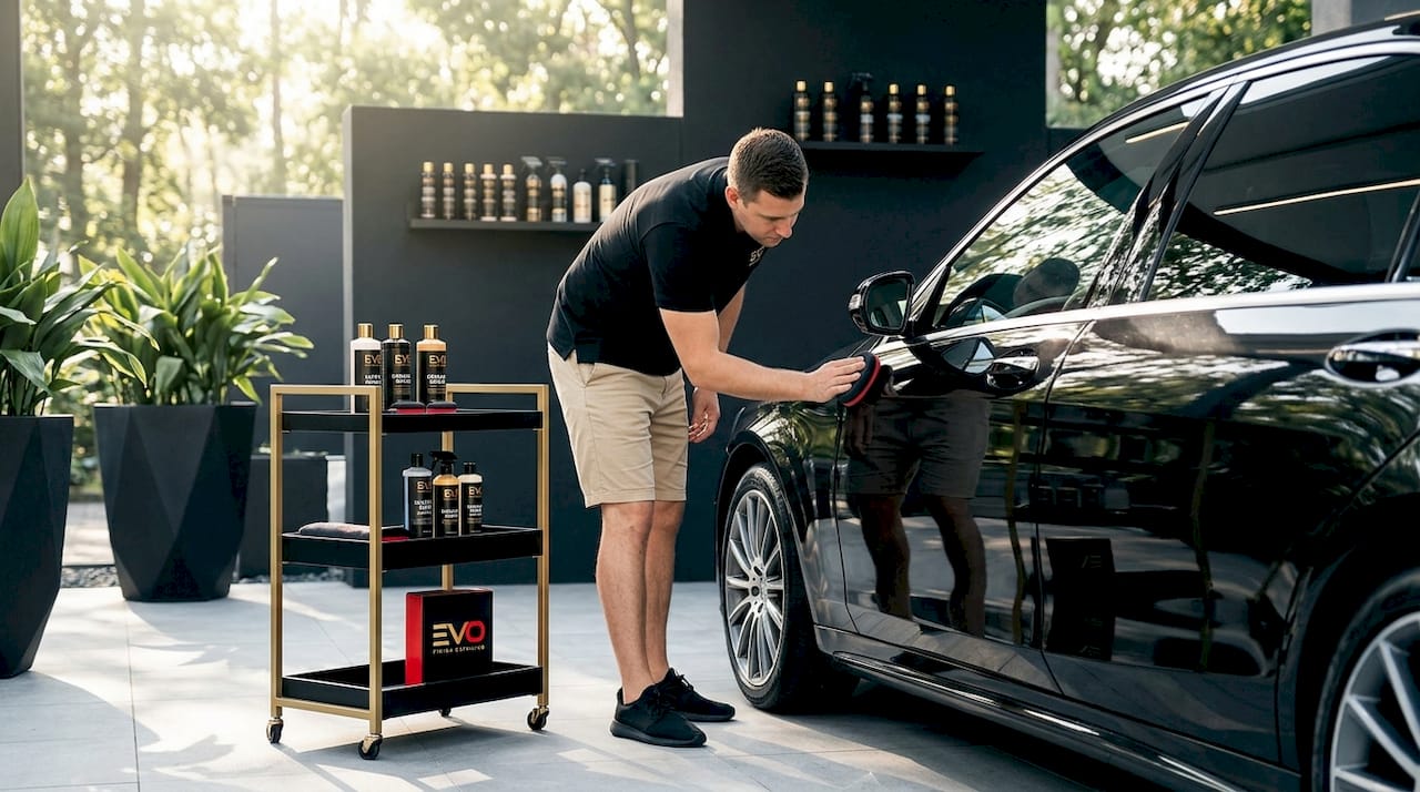 Professional detailing luxury car exterior in garage