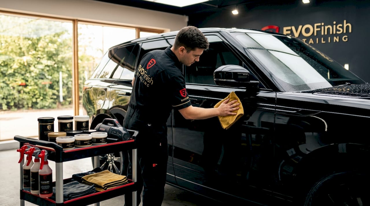 Professional detailer polishing black SUV exterior