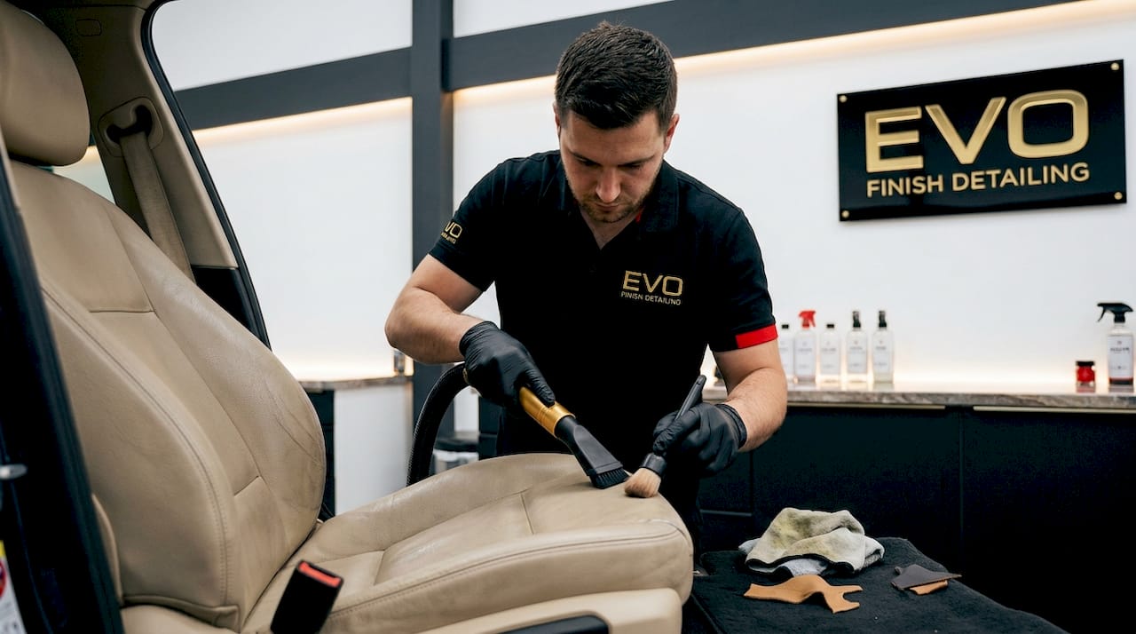 Detailer cleaning beige leather car seat interior