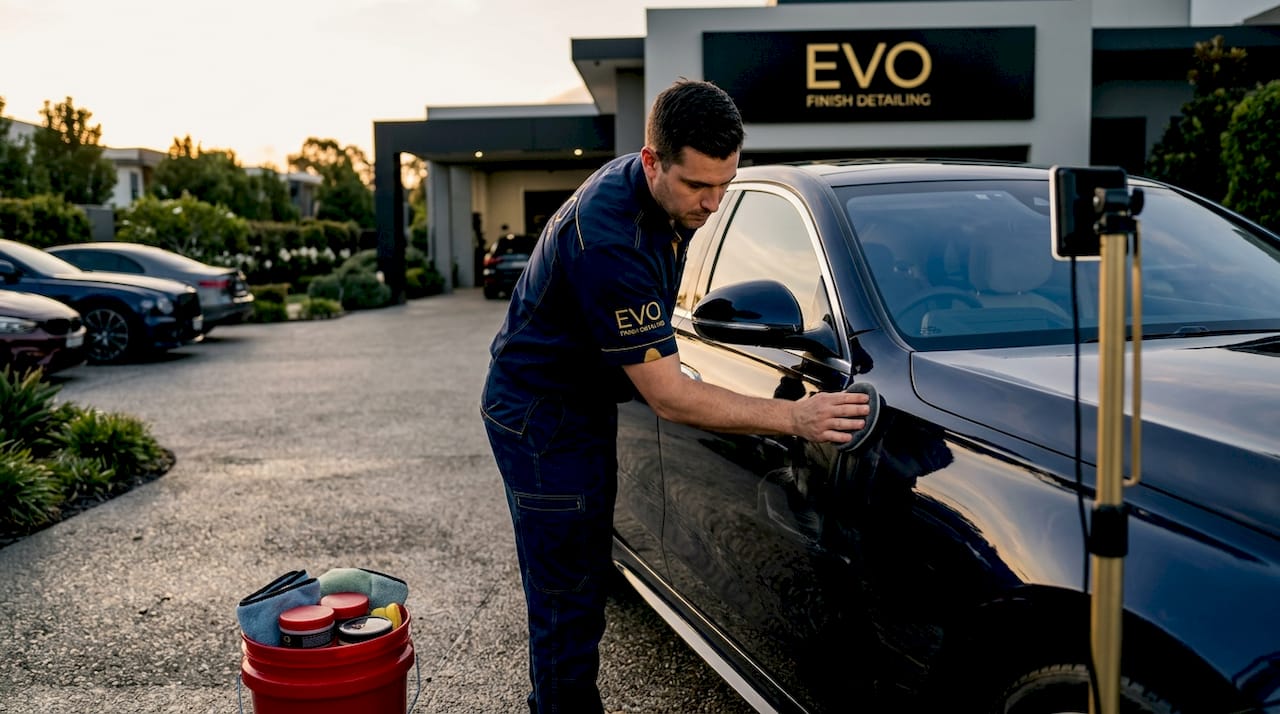 Professional applying car wax at detailing service