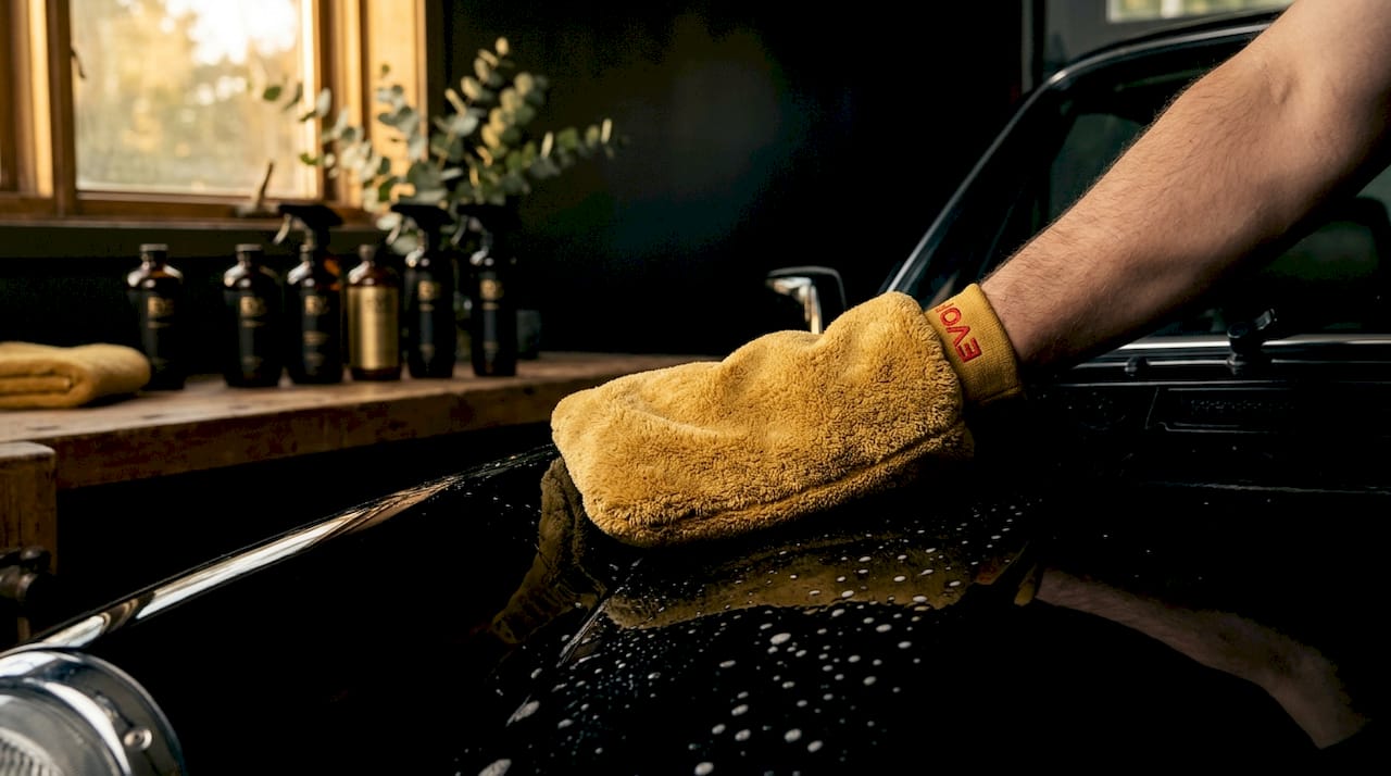 Hand with microfiber mitt washing car hood